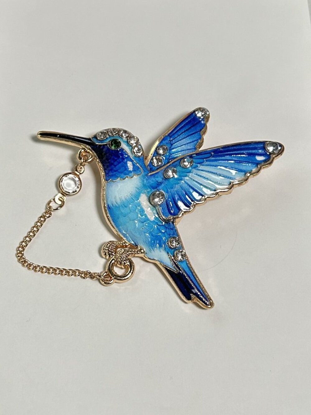Gold Tone Blue Enamel Hummingbird Dangle Chain Rhinestone Brooch Pin